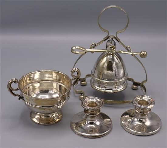 Silver 2 handled cup & pair of squat candlesticks & plated bell/gong